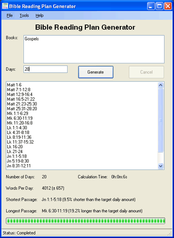 Screenshot of Bible Reading Plan Generator Screenshot of Bible Reading Plan Generator
