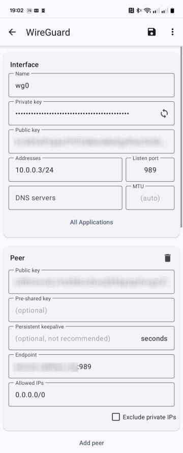Android configuration screen for Wireguard