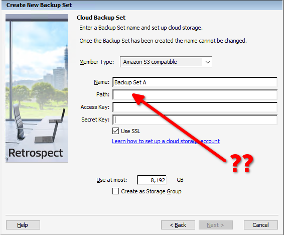 The Retrospect dialog box for creating a cloud backup set